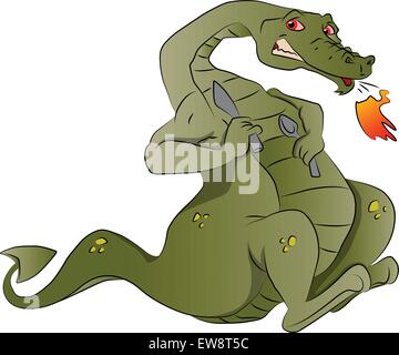 Feuerspeiender Drache mit Löffel und Messer, Vektor-illustration Stock Vektor