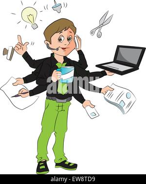 Vektor-Illustration ein erfolgreicher Geschäftsmann Multitasking im Büro. Stock Vektor