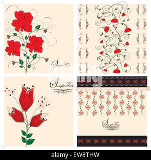 Satz von vier (4) Vintage Einladungskarten mit verzierten Elegante retro Abstract florale Dessins, rote Blumen auf Tan. Vector Illustration. Stock Vektor