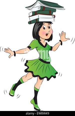 Vektor-Illustration des Mädchens Stapel Bücher auf dem Kopf balancieren. Stock Vektor