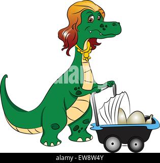 Vektor-Illustration eines sorgfältigen Mutter Dinosauriers drängen mit Kinderwagen mit Eiern drin. Stock Vektor