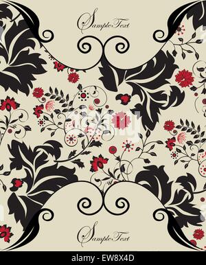 Vintage Einladungskarte mit reich verzierten eleganten abstrakten floralen Design, rote und schwarze Blumen auf grau. Vektor-Illustration. Stock Vektor