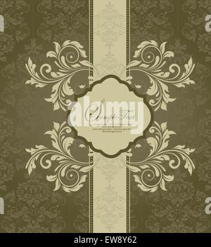 Vintage Einladungskarte mit reich verzierten eleganten abstrakten floralen Design, oliv-grün und grau mit Schleife. Vektor-Illustration. Stock Vektor