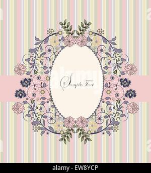 Vintage Einladungskarte mit verzierten elegante Retro abstrakt Floral Design, bunte Blumen auf Streifen mit Pink Ribbon. Vector Illustration. Stock Vektor