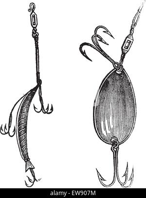 Angelköder, Abb. 86. Stecker, Abb. 87. Löffel, graviert Vintage Illustration. Magasin Pittoresque 1874. Stock Vektor