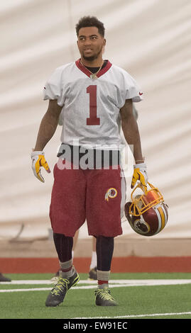 Washington Redskins Wide Receiver DeSean Jackson (1) beteiligt sich an einer "organisierten Team Tätigkeit" OTA Redskins Park in Ashburn, Virginia am Mittwoch, 3. Juni 2015. Bildnachweis: Ron Sachs/CNP - kein Draht-Dienst- Stockfoto