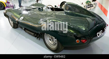 Der Jaguar D-Type, ausgestellt im Heritage Motor Centre in Gaydon, einem legendären Langstrecken-Rennwagen mit einzigartiger aerodynamischer Flosse. Stockfoto