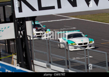 Das BMW Z4 M Coupe des Petronas Syntium Teams überquerte die Ziellinie beim 300 km langen Super Taikyu Suzuka 2011. Stockfoto