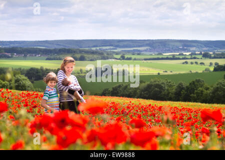 Junge Mutter mit einem Sohn und einer neugeborenen Tochter in einem wunderschönen Mohnblume-Feld Stockfoto