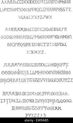 Abb. 5. Inschriften, Alphabet im vierzehnten Jahrhundert (gotische gerundet), Vintage gravierten Abbildung. Wörterbuch der Wörter ein Stock Vektor