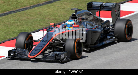Dieses Bild zeigt Fernando Alonso während des Formel-1-Grand Prix von Malaysia 2015, der am ersten freien Training (FP1) teilnahm. Alonso, ein renommierter spanischer Fahrer, nahm als Teil des McLaren-Honda Teams an dieser Veranstaltung Teil und markierte ein weiteres Kapitel in seiner legendären Karriere. Stockfoto