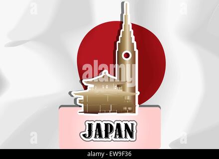 Japan, japanische Flagge, Pagode und Wolkenkratzer, Vektor-illustration Stock Vektor