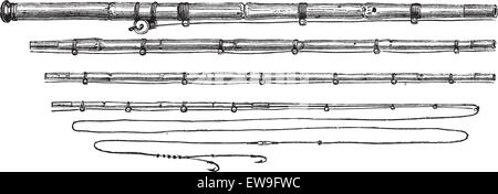 Vier Stück Bambus Fisherman Rute graviert Vintage Illustration. Le Magasin Pittoresque - Larive und Fleury - 1874 Stock Vektor