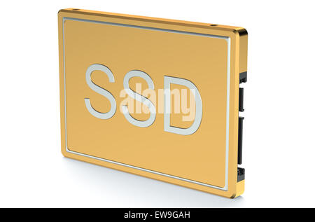 Golden Solid State Drive SSD isoliert auf weißem Hintergrund Stockfoto