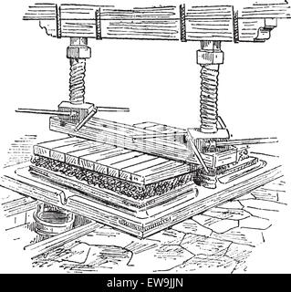 Alten graviert Abbildung der Ölgewinnung durch hydraulische Presse. Wörter und Sachen - Larive und Fleury? 1895 Stock Vektor