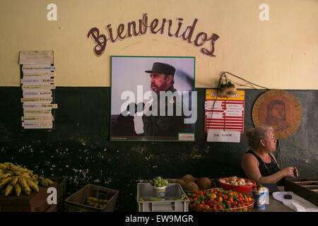 Foto von Fidel Castro in einem lokalen Gemüsemarkt in Havanna, Kuba. Stockfoto