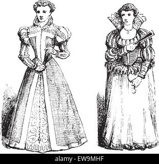 Reifrock, während der Zeit des Francis I (links) und eine Trommel Reifrock in der Zeit von Heinrich IV. (rechts), Jahrgang graviert il Stock Vektor