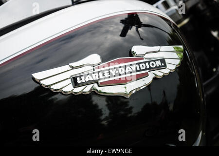 PAAREN IM GLIEN, Deutschland - 23. Mai 2015: Fragment eines Motorrades Harley-Davidson. Die Oldtimer-Show im MAFZ. Stockfoto