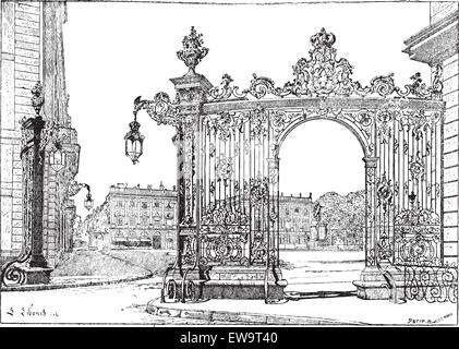 Place Stanislas in Nancy, Lothringen, Frankreich, anzeigen Grill schmiedeeisernen Tor, Vintage eingravierten Abbildung. Wörterbuch der Wörter und Dinge - Larive und Fleury - 1895 Stock Vektor