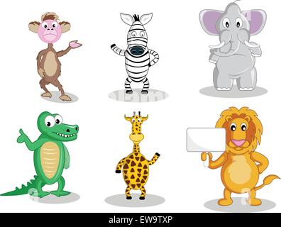 Ein Affe Und Ein Zebra ihre Hand winken, ein dicker Elefant, lächelnd intelligente Gator, winken eine Giraffe und ein Löwe mit einem Schild, alle im Vector Illustration Cartoon. Stock Vektor