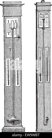 Alte eingravierten Abbildung: Barometer Schüssel und siphon Barometer auf einem weißen Hintergrund. Industrielle Enzyklopädie E.-O. Lami - 1875. Stock Vektor