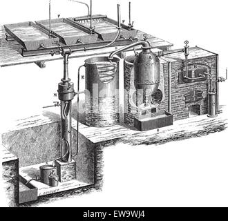 Alten graviert Abbildung der Vakuum-Destillation für Wasser-Betriebsmittel. Industrielle Enzyklopädie E.-O. Lami - 1875. Stock Vektor