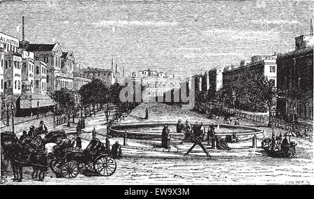 Tahrir-platz (ehemals Mohammed Ali Square und der Rue des Consuls), in Alexandria, Ägypten. Malerische Gravur. Alte graviert Illustration, um 1890. Stock Vektor