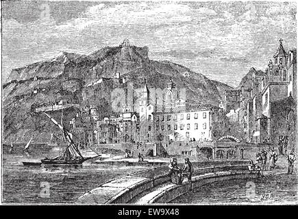 Amalfi im Jahre 1890, in der Provinz von Salemo, Italien. Vintage-Gravur. Stadt-Landschaft der Stadt Amalfi. Vektor-Illustration. Stock Vektor