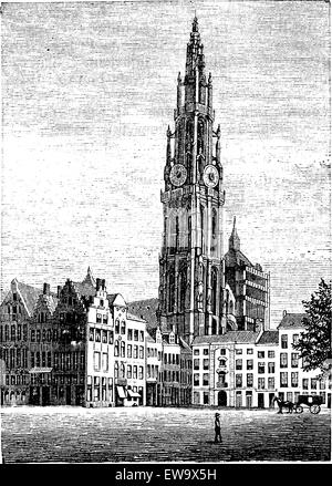 Kathedrale Unserer Lieben Frau, in Antwerpen, Belgien, vintage Gravur. Alte eingraviertem Muster eines der Weltkulturerbe, die Kathedrale Unserer Lieben Frau, Antwerpen. Stock Vektor