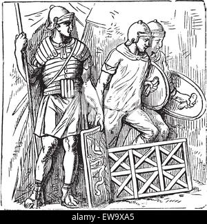 Römische Rüstungen und alten Gravur Schild, auf dem Trajan Spalte basiert. Vektor, gravierte Darstellung der römischen Soldaten, mit Rüstung, montefortino Helm, Speer und Schild ausgerüstet Stock Vektor