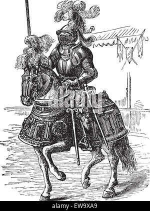 Panzerschiff volle bodied gepanzerte Reiter und Pferd. Alter Stich Stock Vektor