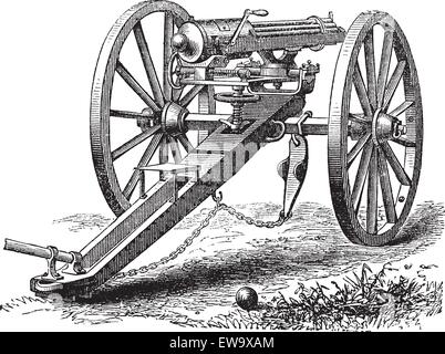 Galting Gun Vintage Gravur. Alten graviert Abbildung einer Galting Pistole. Gatling-Kanone wurde von dem amerikanischen Erfinder Dr. entworfen. Stock Vektor