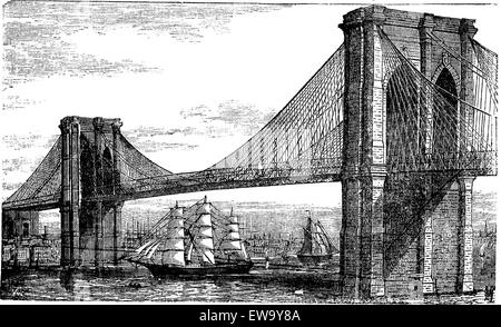 Abbildung: Brooklyn Bridge und East River, New York, United States. Vintage Gravur von 1890. Alte eingravierte Darstellung der Brooklyn Brücke im Jahr 1883 abgeschlossen, mit unten Schiffe navigieren. Stock Vektor