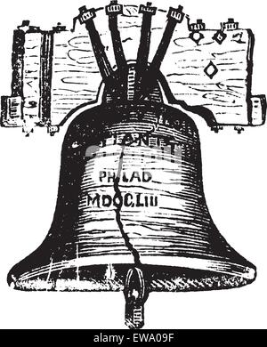 Liberty Bell, in Philadelphia, Pennsylvania, USA, vintage Gravur. Alte eingravierte Darstellung der Liberty Bell, knacken. Stock Vektor