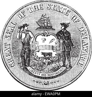 Wappen oder Dichtung von Delaware, USA, während der Jahre 1847 bis 1906, vintage Gravur. Alte eingravierte Darstellung der Wappen oder Dichtung von Delaware. Stock Vektor