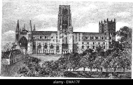 Kathedrale von Durham in England, Vereinigtes Königreich, in den 1890er Jahren, Vintage Gravur. Alten graviert Abbildung der Kathedrale von Durham. Stock Vektor