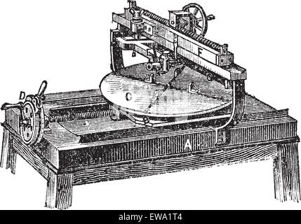 Graviermaschine, vintage Gravur. Alte eingravierten Abbildung: Graviermaschine mit ihren funktionierenden Teile, auf einem weißen Hintergrund. Stock Vektor