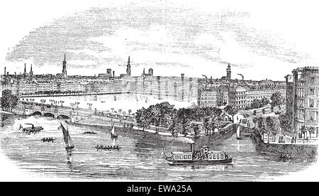 Kanal und Gebäude in Hamburg, Deutschland Jahrgang Gravur. Alte eingravierten Abbildung: Schöne Aussicht auf Hamburg, während den 1800er Jahren. Stock Vektor