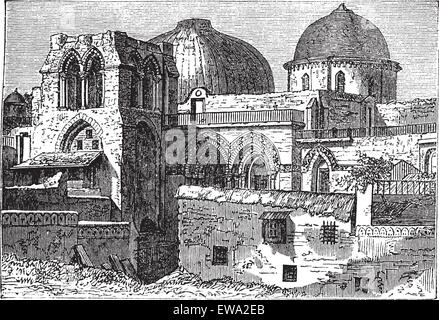 Grabeskirche oder Auferstehungskirche in Jerusalem, Israel, während der 1890er Jahre, Vintage-Gravur. Alte gravierte Illustration der Grabeskirche. Stock Vektor