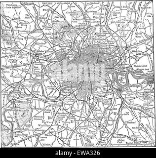 London und seine Umgebung in den 1890er Jahren, Vintage Gravur.  Alte eingraviert Darstellung der London Karte mit seiner Umgebung. Stock Vektor