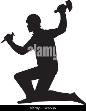 Bergmann, mit einem Meißel und Hammer, schwarze Silhouette, Vektor-illustration Stock Vektor