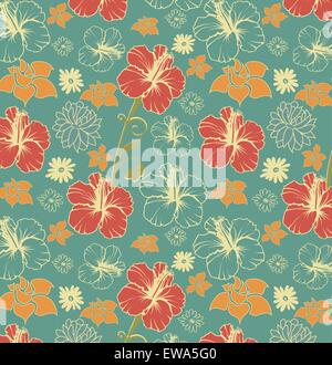 Vintage-Hintergrund mit reich verzierten eleganten Retro-abstrakten floralen Design, rot orange und blass gelben Blüten und Blätter auf Petrol blau Stock Vektor