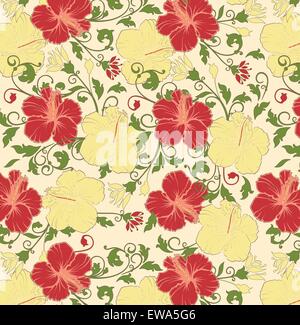 Vintage-Hintergrund mit reich verzierten eleganten Retro-abstrakten floralen Design, rot und gelb Hibiskus Blumen und grünen Blättern Stock Vektor