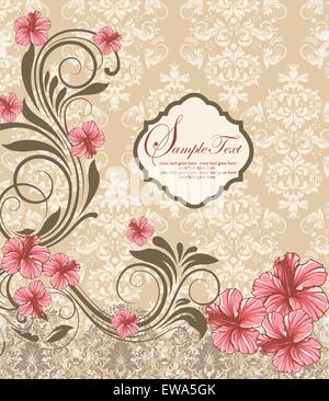 Vintage Einladungskarte mit reich verzierten eleganten Retro-abstrakten floralen Design, rote Hibiskusblüten und Olivgrün hinterlässt auf beige Stock Vektor