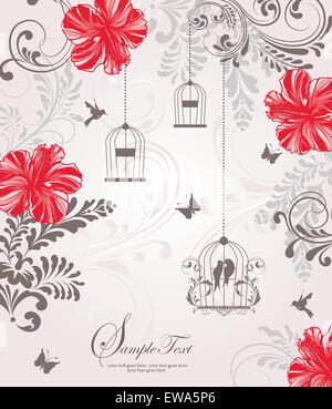 Vintage Einladungskarte mit reich verzierten eleganten Retro-abstrakten floralen Design, rote und graue Blumen und Blätter auf hellgrau Stock Vektor