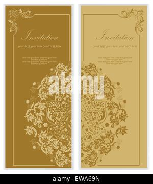 Satz von zwei 2 Vintage Einladungskarten mit reich verzierten eleganten Retro-abstrakten floralen Design, Beige Blumen und Blätter auf braun Stock Vektor