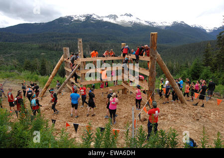 Peking, Kanada. 20. Juni 2015. Teilnehmer teilnehmen, im Jahr 2015 Tough Mudder Ausdauer Hindernis racing Challenge in Whistler, BC, Kanada, 20. Juni 2015. Tough-Mudder ist ein Ausdauer-Event-Reihe in der Teilnehmer 10-12 Meilen lange Militärstil Hindernisparcours versuchen. Es wurde entworfen und erstellt von zwei britischen Harvard Business School Post Absolventen und testet psychische als auch physische Stärke. Die erste Herausforderung Tough Mudder wurde in den Vereinigten Staaten im Jahr 2010 statt. Bildnachweis: Sergei Bachlakov/Xinhua/Alamy Live-Nachrichten Stockfoto