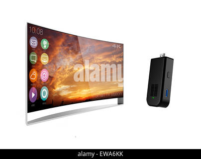 Stick-Typ Computer und gebogene Fernsehen isoliert auf weißem Hintergrund. Stockfoto