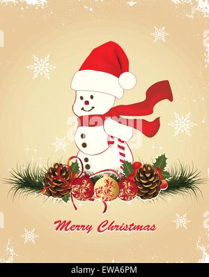 Vintage Christmas Card mit verzierten elegante Retro abstrakt Floral Design, Schneemann mit rot Santa Hut und Schal mit Ball mit roten und goldenen Blumen und Blätter Tannenzapfen Tannennadeln ponsettia und Schneeflocken auf neu strukturierte beigen Hintergrund mit Text beschriften. Vector Illustration. Stock Vektor