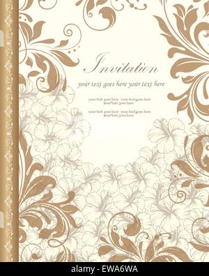 Vintage Einladungskarte mit reich verzierten eleganten Retro-abstrakten floralen Design, Gold und Beige Blüten und Blätter auf Beige Hintergrund Stock Vektor